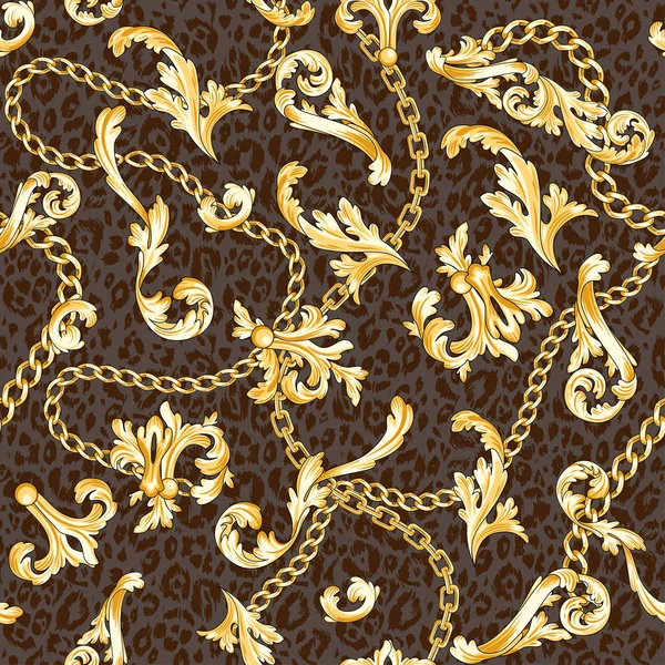 Gold Baroque Elements Chains Mixed Animal Backdrop Trendy Seamless Pattern — Stock Vector