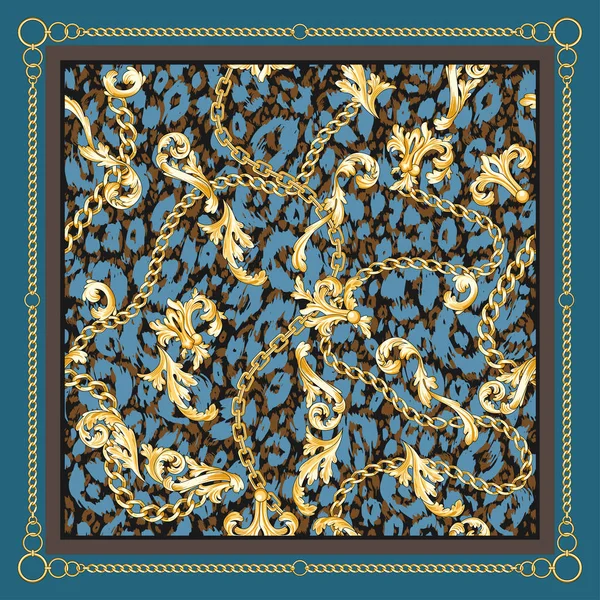 Carf Patrón Azul Moda Con Florituras Barrocas Oro Cadenas Fondo — Archivo Imágenes Vectoriales