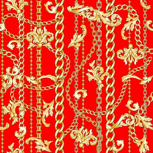 Золотий Розквіт Ланцюжки Змішані Яскраво Червоному Тлі Модний Ретро Безшовний — стоковий вектор