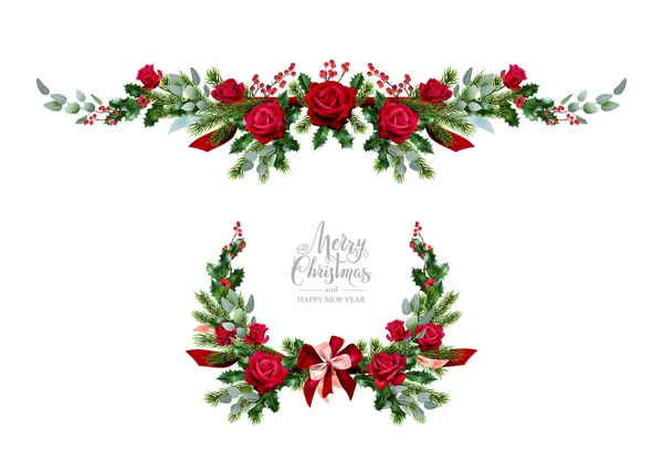 Christmas festive wreath with rose — Stock Vector