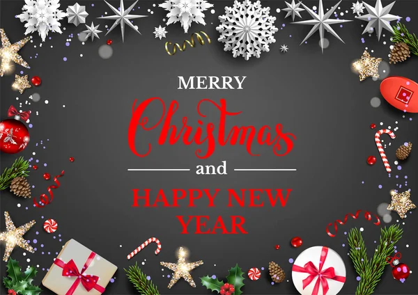 Carte noire festive avec décorations de Noël — Image vectorielle
