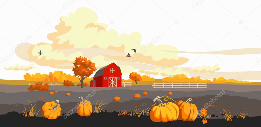 Red barn on a fild autumn illustration