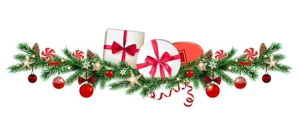 Bolas y cinta y cajas de regalo para banner de diseño — Vector de stock