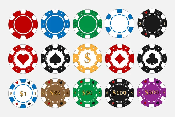 扑克赌场的芯片图标设置成不同的颜色 — 图库矢量图片