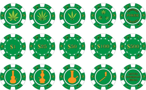 Jetons Casino Poker Avec Des Photos Cannabis Couleurs Vertes — Image vectorielle