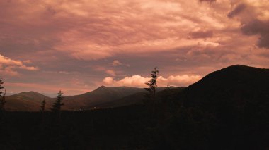Karpat Dağları. Yaz dağlarındaki yeşil tepelerin manzarası. Mavi gökyüzünün altındaki puslu yeşil dağ ormanı.