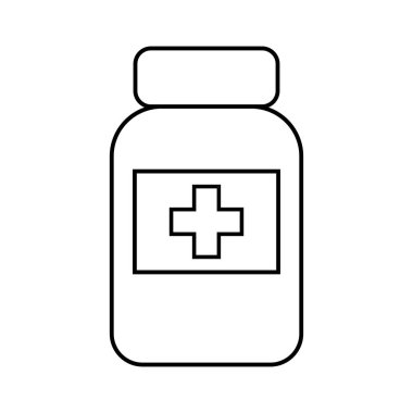Tıbbi haplar, ilaç şişesi, basit düz çizimler.