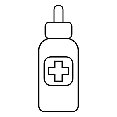 Tıbbi sprey, pipet şişesi, basit düz çizimler.