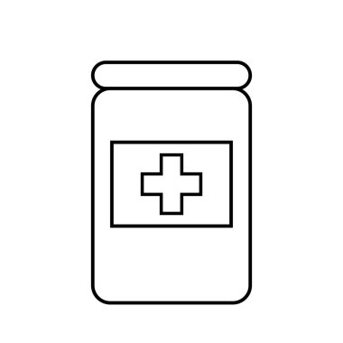 Tıbbi haplar, ilaç şişesi, basit düz çizimler.