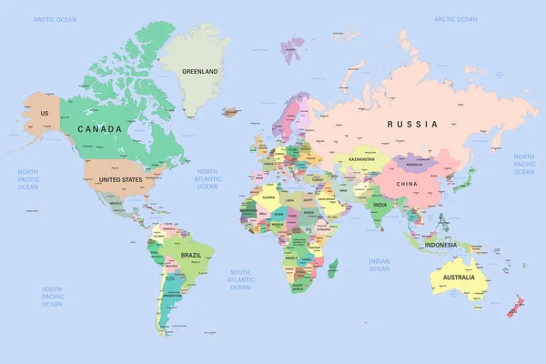 Globální Politická Mapa Světa Velmi Podrobná Mapa Hranicemi Zeměmi Městy — Stockový vektor