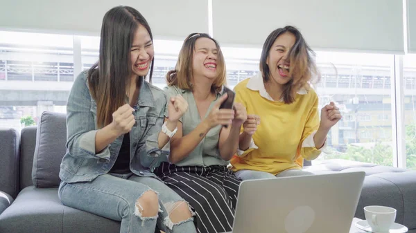 group of happy Asian friend woman gleeful at home
