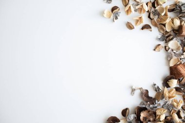 Çiçek kompozisyon. Beyaz arka plan üzerinde kurutulmuş gül çiçeklerin çerçeve yaptı. Düz yatıyordu, en iyi görünüm, kopya alanı