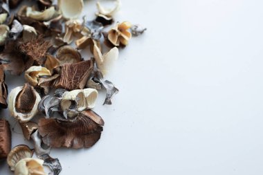 Çiçek kompozisyon. Beyaz arka plan üzerinde kurutulmuş gül çiçeklerin çerçeve yaptı. Düz yatıyordu, en iyi görünüm, kopya alanı