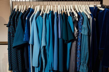 Butikte askılarda asılı çeşitli şık kıyafetlerin yakın plan görüntüsü. Giysiler