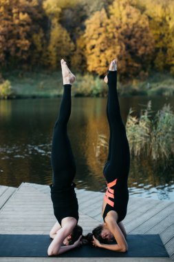 Genç kadınlar ve erkek göl manzaralı doğada yoga yapıyorlar. Akşam sporu, spor ve sağlıklı yaşam tarzı.