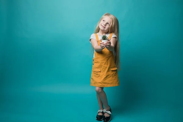 Une petite fille tenant des pots avec une plante verte sur un fond bleu. Enfants et nature. Préserver la nature — Photo
