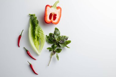 Beyaz arka planda salata ve fesleğen. En küçük konsept