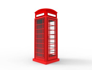 Beyaz arka planda kırmızı klasik telefon kulübesi3d render.