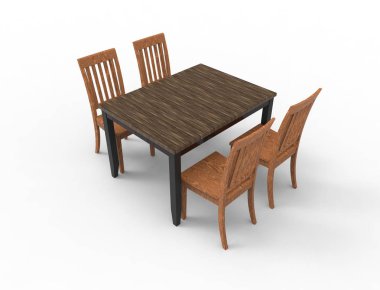 4 sandalye ile ahşap bir yemek masası3d render