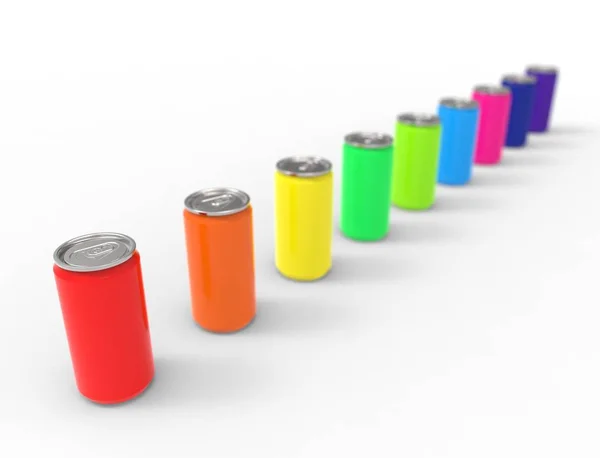 Representación 3D de latas de soda múltiples aisladas en fondo de estudio blanco — Foto de Stock