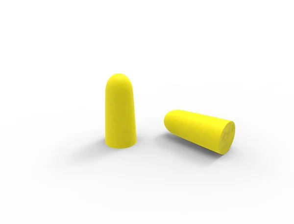 Rendering 3D di tappi auricolari gialli isolati su sfondo bianco — Foto Stock