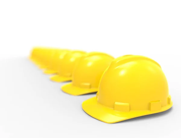 3D illustration 3D rendering of a row of safety construction hard helmets