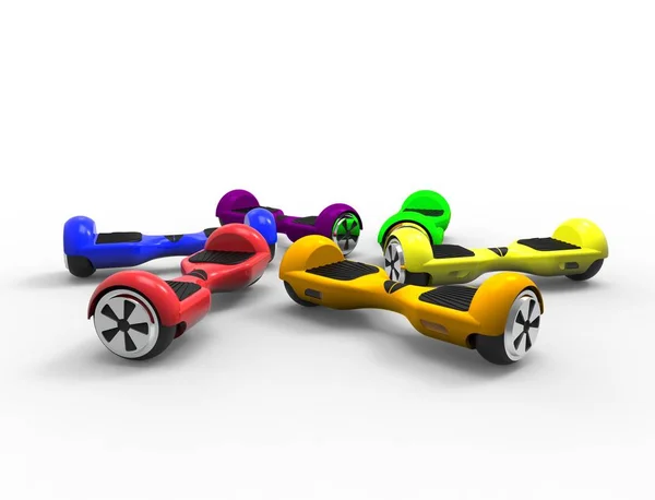 3D renderização de vários hoverboards coloridos brilhantes — Fotografia de Stock