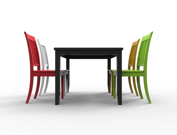 3D-Darstellung eines Esstisches mit 4 farbigen Stühlen — Stockfoto