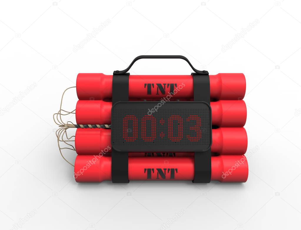 3D illustration 3D rendering of dynamite bomb with a timer in white background.