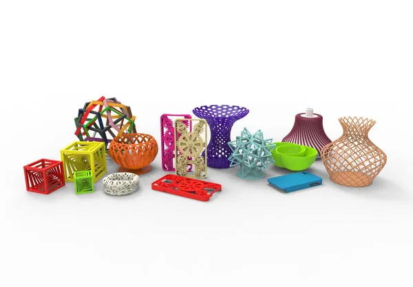 Redare 3D a colecției de produse de imprimare 3D tipice complexe colorate — Fotografie, imagine de stoc