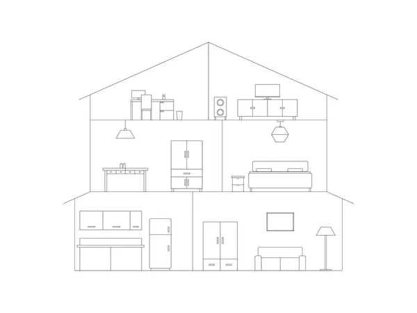 Interior de la casa con muebles de corte transversal línea de vista dibujo . — Vector de stock