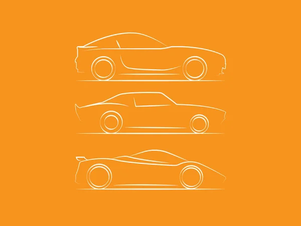 Sport coches vista lateral línea de dibujo sobre fondo naranja . — Vector de stock