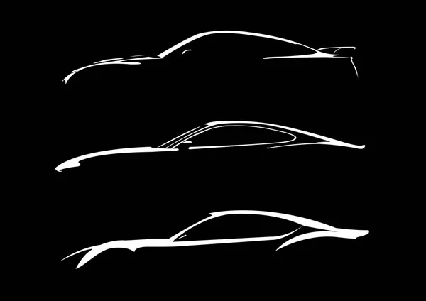 Siyah arka plan izole üç araba silueti. Koyu görünüm.