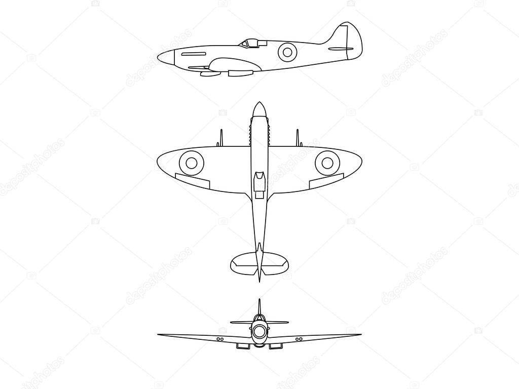 Submarine spitfire line illustration vector blue print on white background