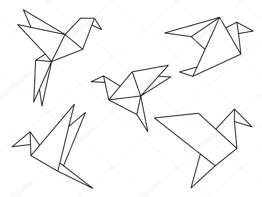 Origami birds line drawing vector isolated on white background