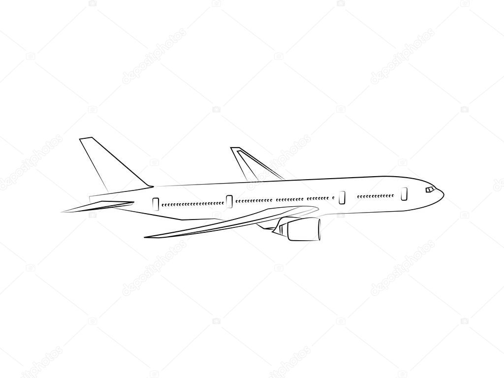 Commercial jet airplane line drawing vector in flight