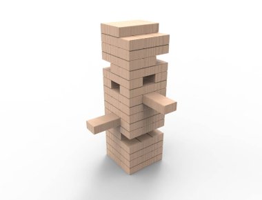 Beyaz arka planda izole ahşap bloklar kule oyunu 3d render.