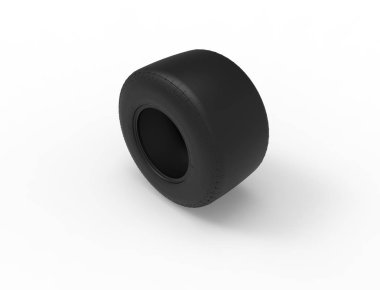 Beyaz stüdyo arka planında izole edilmiş bir yarış arabası lastiğinin 3 boyutlu görüntüsü