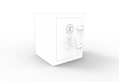 Beyaz arkaplanda izole edilmiş güvenli bir kasanın 3D çizim çizgisi.