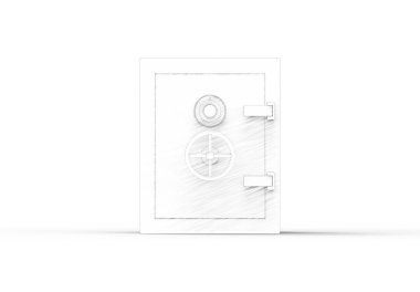 Beyaz arkaplanda izole edilmiş güvenli bir kasanın 3D çizim çizgisi.