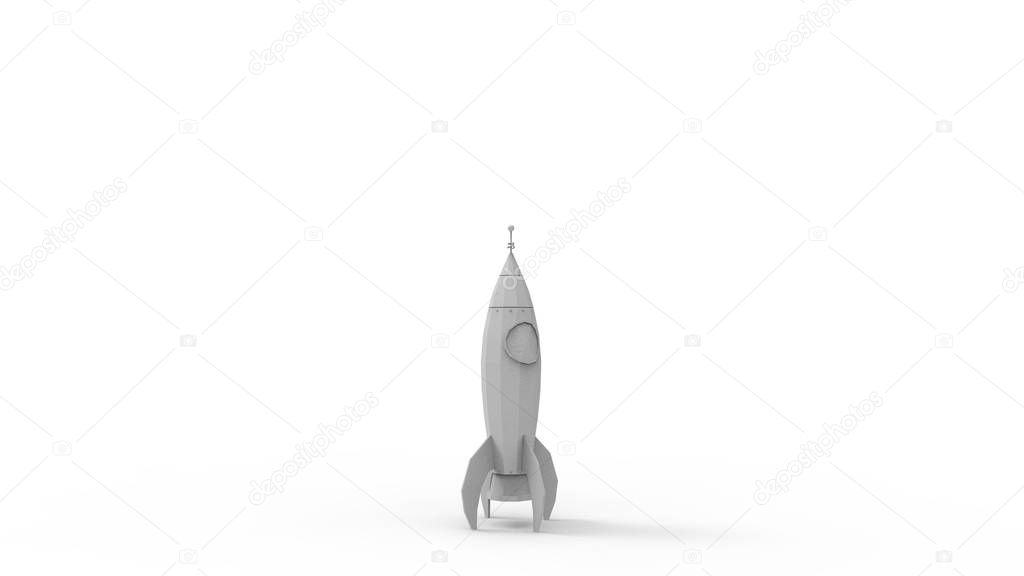 3D rendering of cartoon toy rocket ioslated on white background