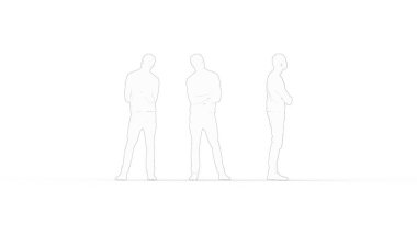 Beyaz stüdyo arka planında duran bir adamın bilgisayar modelinin 3D görüntüsü