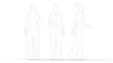 Beyaz arka planda tek başına yürüyen bir kadının 3D görüntüsü