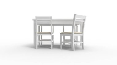 Beyaz stüdyo arka planda izole beyaz bir masa ve sandalyelerin 3d render