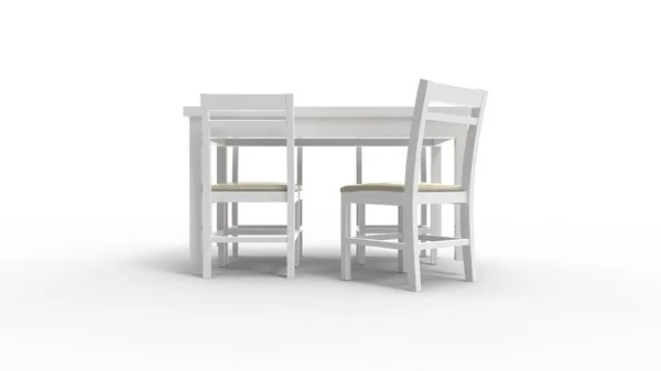 白いスタジオの背景で隔離された白いテーブルと椅子の3Dレンダリング — ストック写真