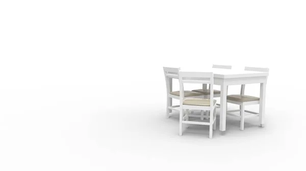 Representación 3d de una mesa blanca y sillas aisladas en fondo blanco estudio — Foto de Stock