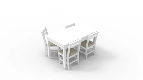 3D рендеринг белого стола и стульев на белом фоне студии — стоковое фото