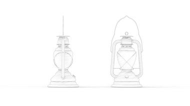Beyaz stüdyo arka planında izole edilmiş eski bir gaz lambasının 3D görüntüsü