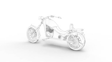 Beyaz stüdyoda izole edilmiş bir motosiklet konseptinin 3D görüntülenmesi