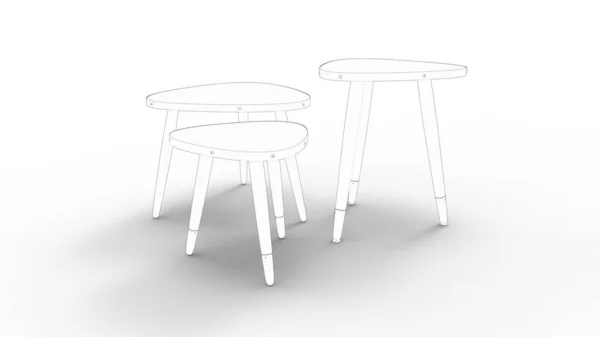 3d rendering of three sketched coffee tables isolated in white background — Stock Photo, Image